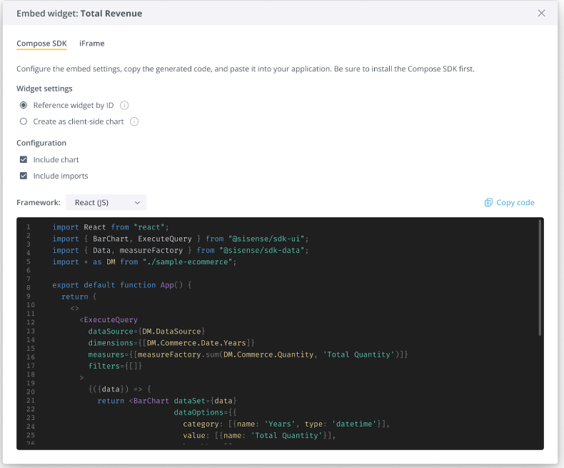 Blog inline CSDKNov2024 An image showing an ‘embed widget,’ with options to use the Compose SDK or an iFrame, with lines of React(JS) code at the bottom.