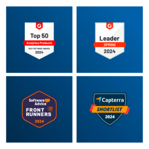 4 boxes. The first shows Sisense recognized by G2 as one of the Top 50 Analytics Products of 2024. The second shows Sisense recognized by G2 as a Spring 2024 Leader. The third box shows Siense recognized by Software Advice as a 2024 Front Runner. The last box shows Sisense recognized by Capterra in 2024.